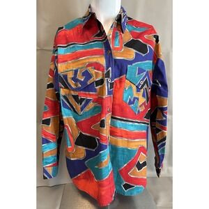 Western Rockabilly Abstract Art to Wear Button Down Shirt Geometric Womens SZ XL